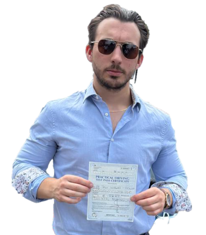 Happy driving school student holding a certificate after passing driving test in South West London