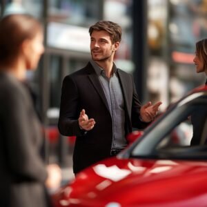 Driving instructor explaining rules to student beside a parked car during a driving lesson