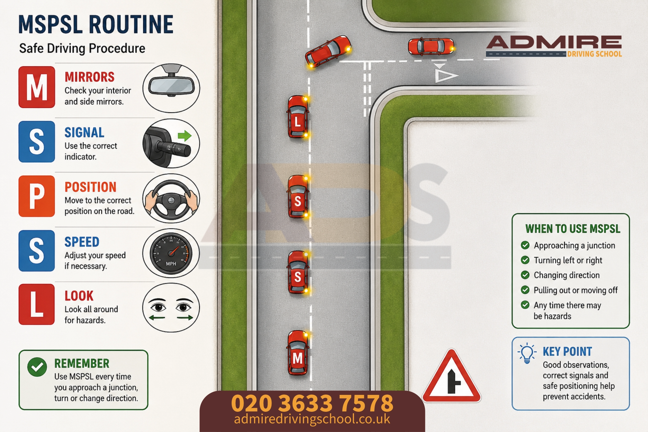 Learner driver performing the MSPSL routine, checking mirrors before approaching a junction in South West London