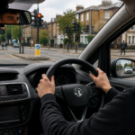 Learner driver performing the MSPSL routine, checking mirrors before approaching a junction in South West London