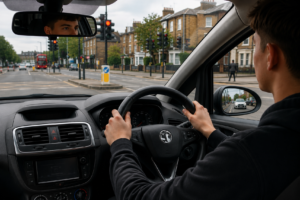 Learner driver performing the MSPSL routine, checking mirrors before approaching a junction in South West London