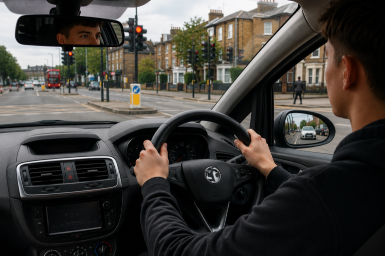 Learner driver performing the MSPSL routine, checking mirrors before approaching a junction in South West London