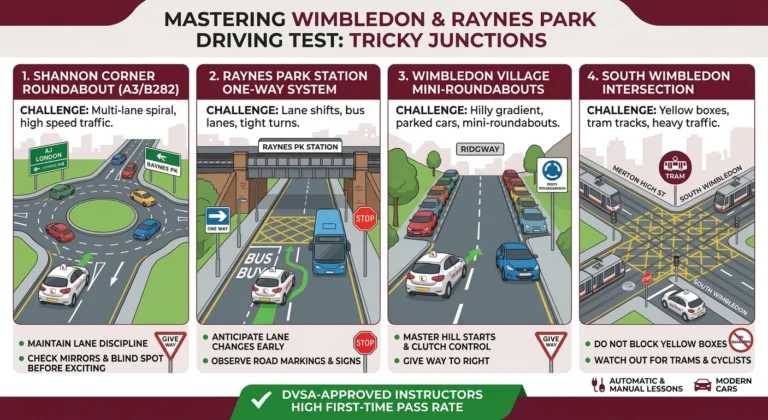 Infographic showing 4 tricky junctions in Wimbledon and Raynes Park driving test routes with tips for roundabouts, lane shifts, hill starts, and yellow box junctions.