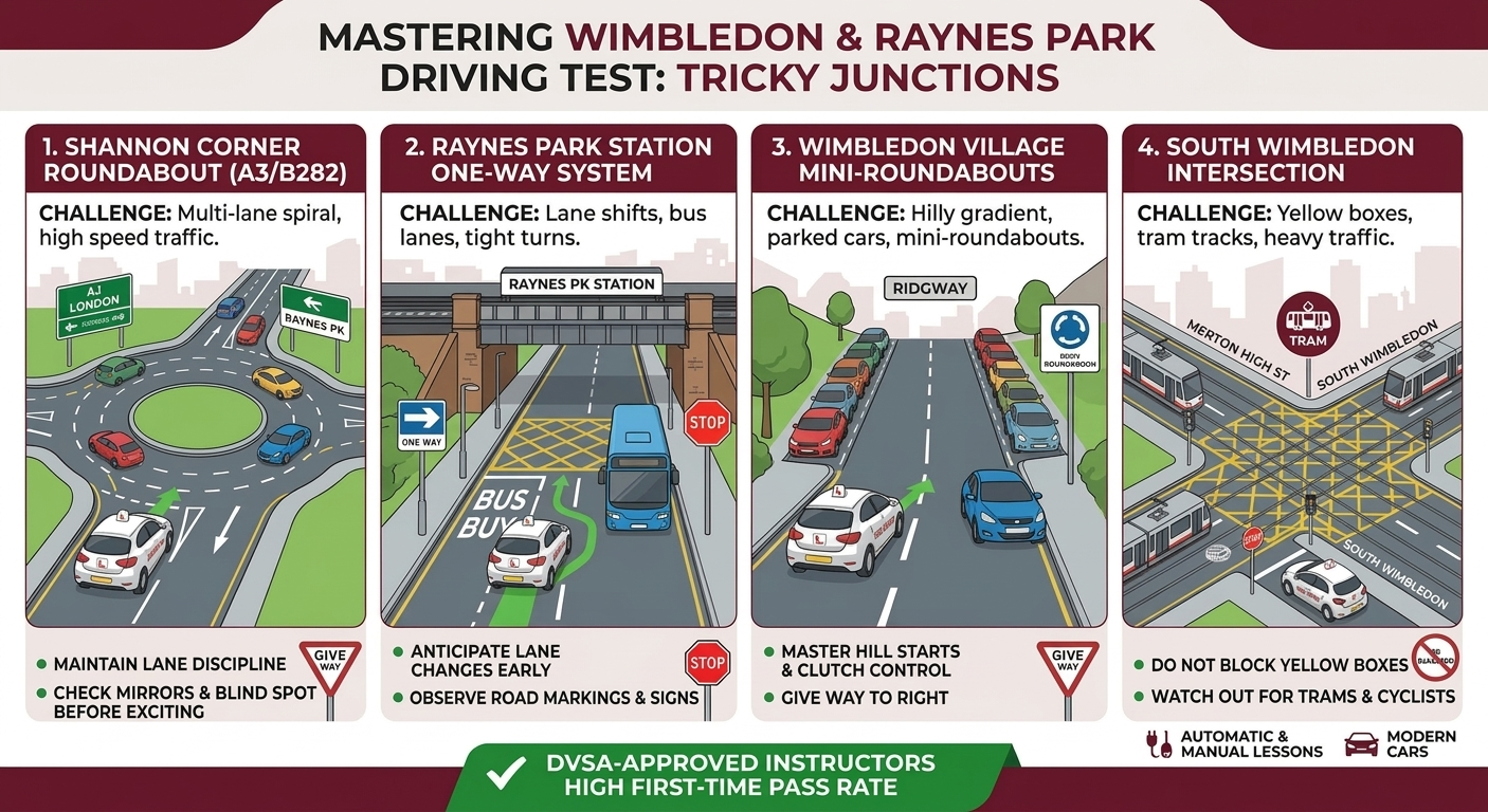 Infographic showing 4 tricky junctions in Wimbledon and Raynes Park driving test routes with tips for roundabouts, lane shifts, hill starts, and yellow box junctions.