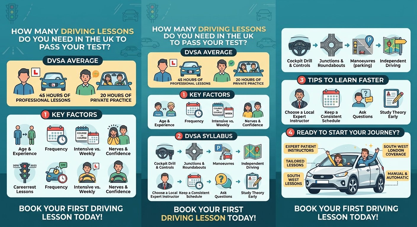 Infographic banner titled "How Many Driving Lessons Do You Need in the UK to Pass Your Test?" showing DVSA averages, key factors, syllabus progression, and tips to learn faster